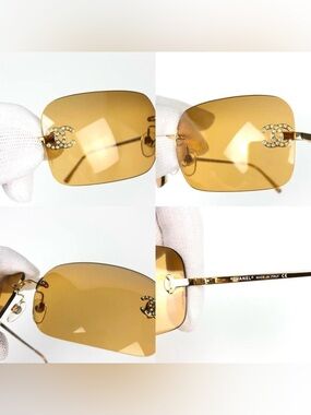 Vintage Authentic chanel gold rimless sunglasses with rhinestone logo